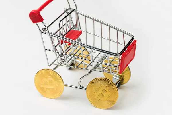 Carrinho Supermercado Com Rodas Bitcoin Conceito Avanço Tecnológico Compras Online — Fotografia de Stock