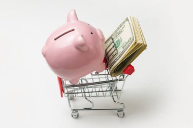 Kumbara, içinde dolar olan bir market arabasına bindir. Mağazada mal satın alma kavramı.