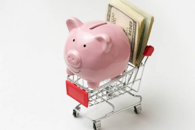 Kumbara, içinde dolar olan bir market arabasına bindir. Mağazada mal satın alma kavramı.