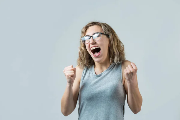 Young Excited Caucasian Blonde Woman Glasses White Background — 스톡 사진