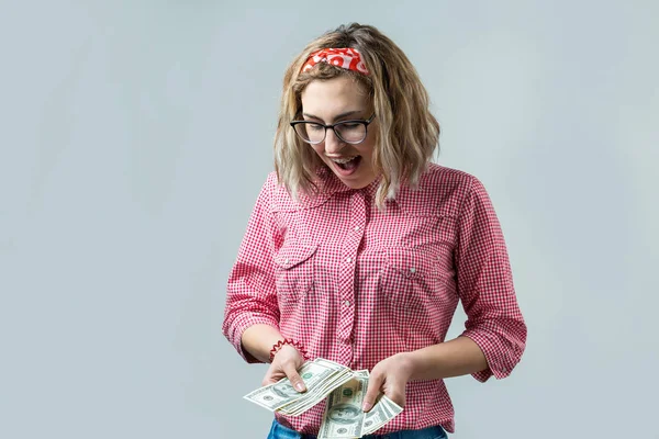 Young Caucasian Blonde Woman Glasses Dollar Banknotes White Background — Foto Stock