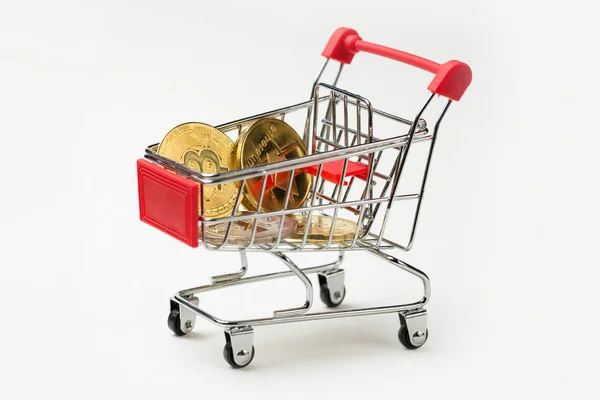 Carrinho Supermercado Com Rodas Bitcoin Conceito Avanço Tecnológico Compras Online — Fotografia de Stock