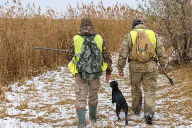 Male hunters with dog hunting outdoors