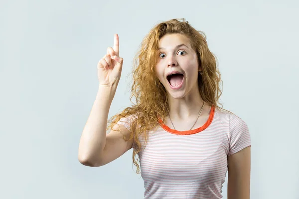 Young Caucasian Blonde Curly Girl Having New Idea White Background — Zdjęcie stockowe