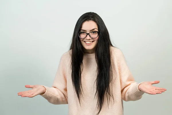 Young Smiling Caucasian Brunette Girl Glasses White Background — 스톡 사진