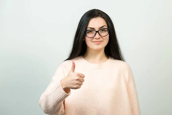 Young Caucasian Brunette Girl Glasses Thumb Gesture White Background — 스톡 사진