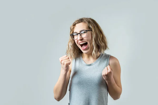 Young Excited Caucasian Girl Glasses White Background — 스톡 사진