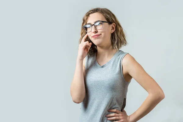 Young Thoughtful Caucasian Girl Glasses White Background — 스톡 사진