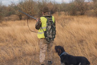 Av dönemi, sonbahar sezonu açıldı. Avcı elinde silahla sonbahar ormanında av elbisesi içinde ganimet arıyor..