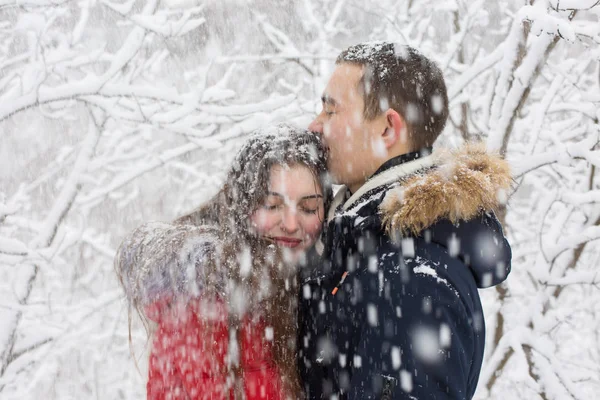 Muchacho Muchacha Descansan Bosque Invernal Esposo Mujer Nieve Pareja Joven — Foto de Stock