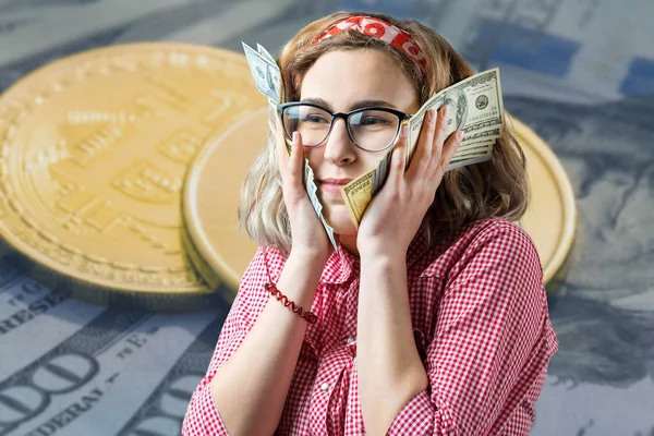 Beautiful Young Caucasian Woman Dollar Banknotes Money Crypto Coins Background — Foto Stock