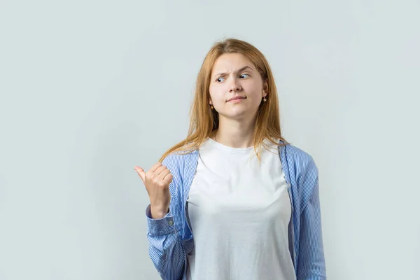 Beautiful Young Caucasian Woman Pointing Finger White Background — Stock Fotó