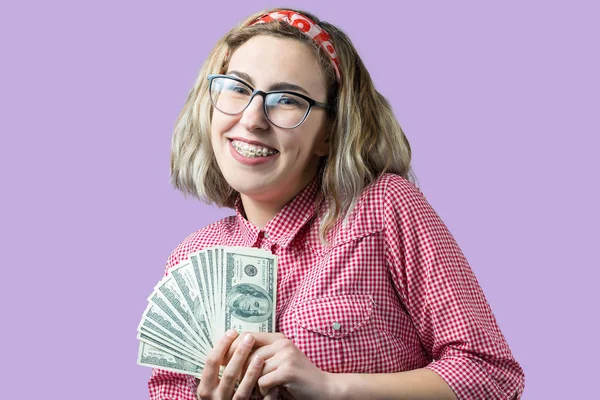 Closeup Young Beautiful Woman Red Plaid Shirt Glasses American Dollars — Stock Photo, Image