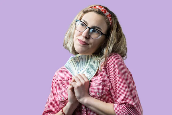 Closeup Young Beautiful Woman Red Plaid Shirt Glasses American Dollars — Stock Photo, Image