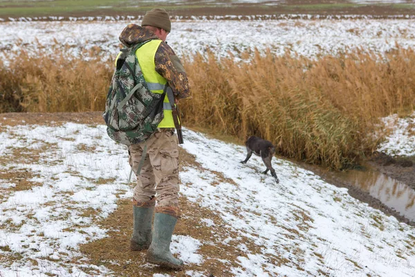 Chasseur Avec Pistolet Chien Aller Sur Première Neige Dans Steppe — Photo