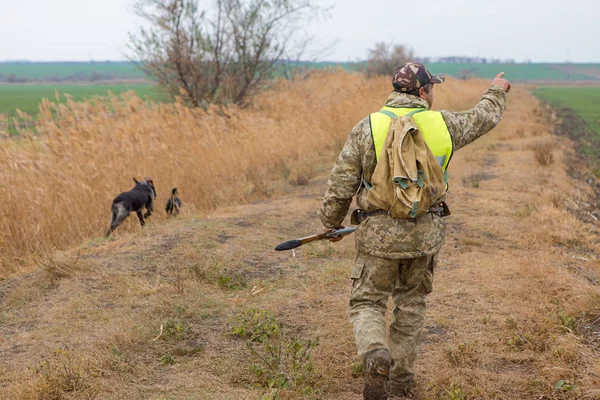 Silahlı Bir Avcı Bir Köpek Bozkırda Ilk Kara Çıkarlar Yansıtıcı — Stok fotoğraf