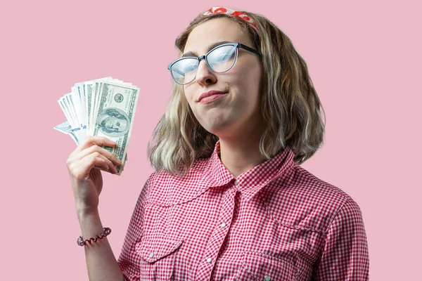 Closeup Young Beautiful Woman Red Plaid Shirt Glasses American Dollars — Stock Photo, Image