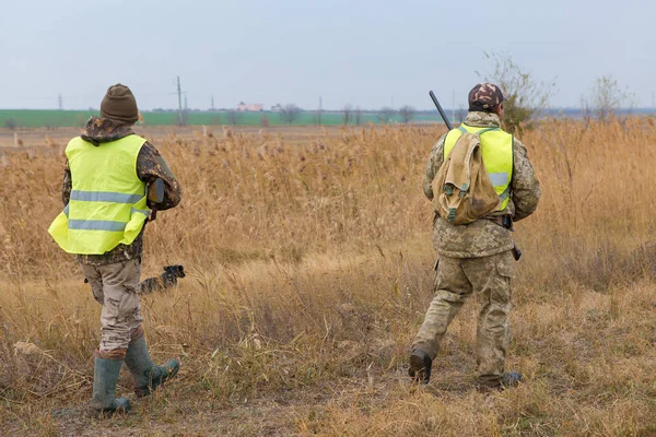 Lovci Pistolí Psem Jdou První Sníh Stepi Lovecký Bažant Reflexní — Stock fotografie