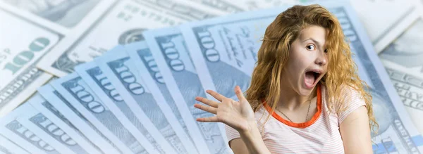 Portrait Enthusiastic Young Girl Screaming Joy Background Dollars — Stock Photo, Image