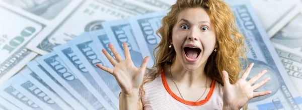 Portrait Enthusiastic Young Girl Screaming Joy Background Dollars — Stock Photo, Image