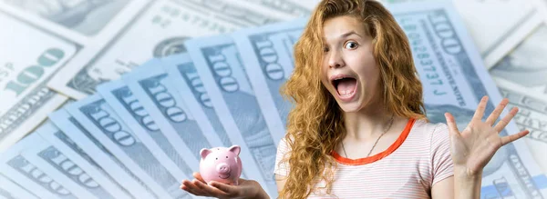 Portrait Enthusiastic Young Girl Screaming Joy Background Dollars — Stock Photo, Image