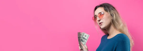 Closeup Young Beautiful Woman Blue Sweater Glasses American Dollars Money — стокове фото