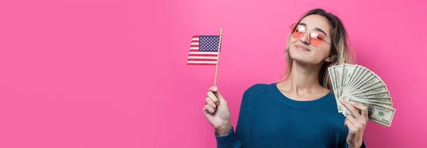 Happy Young Woman Holding American Flag Studio Pink Background — Stock Photo, Image