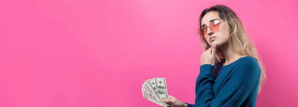 Closeup Young Beautiful Woman Blue Sweater Glasses American Dollars Money — Zdjęcie stockowe