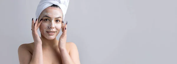 Beauty Portrait Woman White Towel Head Applies Cream Face Skincare — Stock Photo, Image