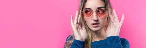 Romantic Blonde Haired Girl Trendy Heart Glasses Posing Shy Smile — ストック写真