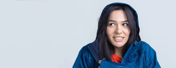 Portrait Smiling Girl Dressed Blue Raincoat Drops Posing Hood Grey — Stock Photo, Image