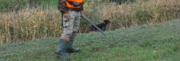 Hombre Con Arma Sus Manos Chaleco Naranja Una Cacería Faisanes —  Fotos de Stock