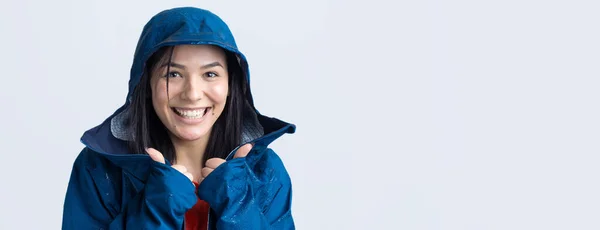 Portrait Smiling Girl Dressed Blue Raincoat Drops Posing Hood Grey — Stock Photo, Image