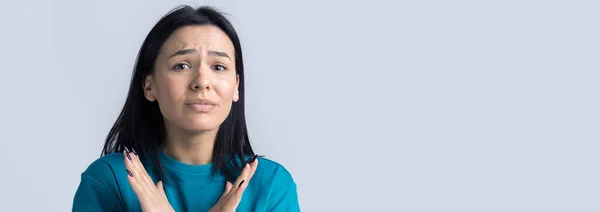 Mädchen Die Ohne Handzeichen Missbilligen Machen Verneinungsgeste Porträt Einer Hübschen — Stockfoto