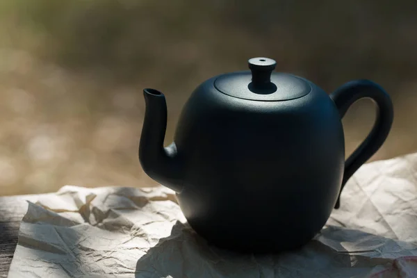 Chinese Tea Ceremony Ceramic Teapot Made Clay Bowls Wooden Background — Stock Photo, Image