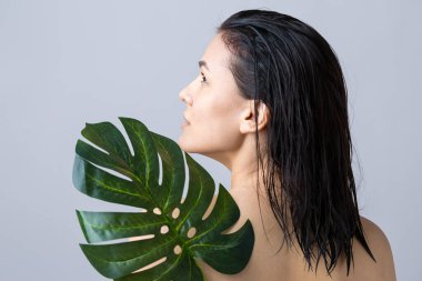 Doğal yeşil palmiye yaprağı portresi olan bir kadın. Moda, güzellik, makyaj, kozmetik.
