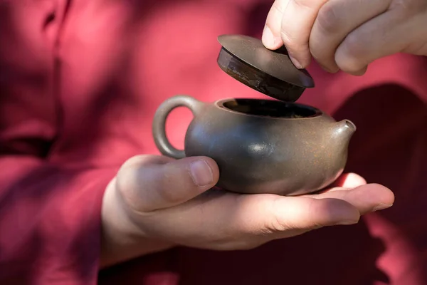 Chinese Tea Ceremony Ceramic Teapot Made Clay Bowls Wooden Background — Stock Photo, Image