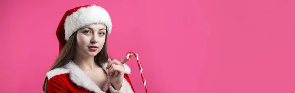 Beautiful Young Woman Santa Claus Costume Red Background — Stock Photo, Image