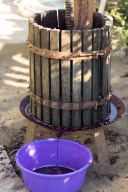 Kırmızılı şarap presi ve sarmal vida. Geleneksel İtalyan şarabı üretimi, üzüm ezme.