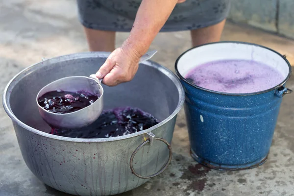 Vigneron Verse Jus Raisin Pour Transport Barriques — Photo