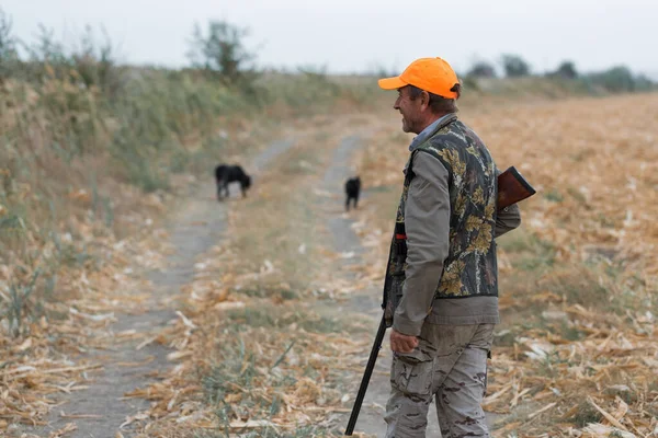 Chasseur Canards Avec Fusil Chasse Marchant Dans Une Prairie — Photo