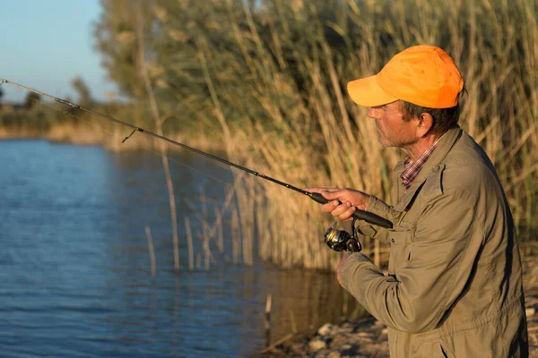 Fisherman Standing Riverside Trying Catch Fish Sport Recreation Lifestyle — Stock Photo, Image