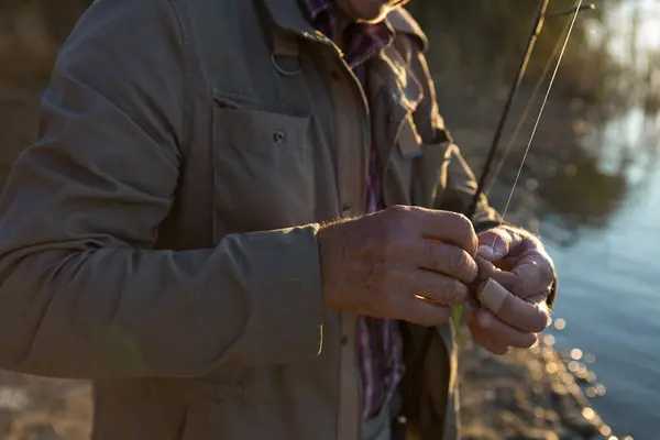 Fishing Rod Wheel Closeup Man Fishing Beautiful Sunset — Stock Photo, Image