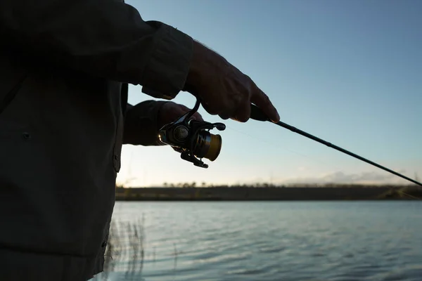 Fishing Rod Wheel Closeup Man Fishing Beautiful Sunset — Stock Photo, Image