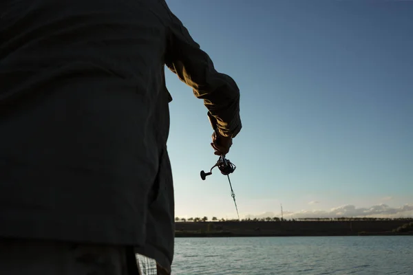Fisherman Standing Riverside Trying Catch Fish Sport Recreation Lifestyle — Stock Photo, Image