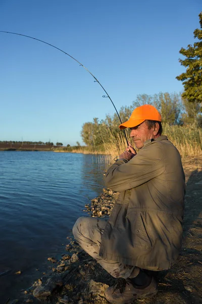 Fisherman Standing Riverside Trying Catch Fish Sport Recreation Lifestyle — Stock Photo, Image