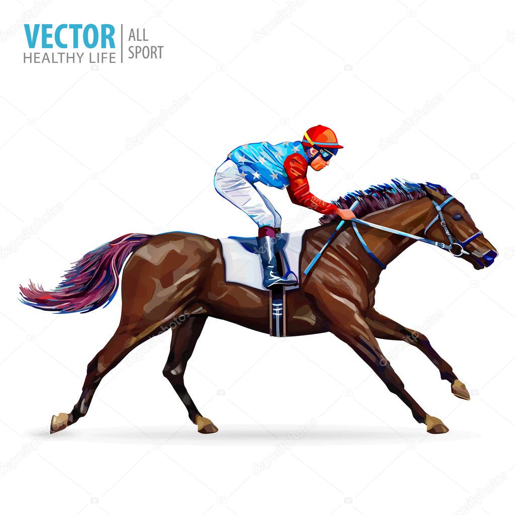 Jockey on horse. Champion. Horse racing. Hippodrome. Racetrack. Jump racetrack. Horse riding. Vector illustration. Racing horse coming first to finish line. Isolated on white background.