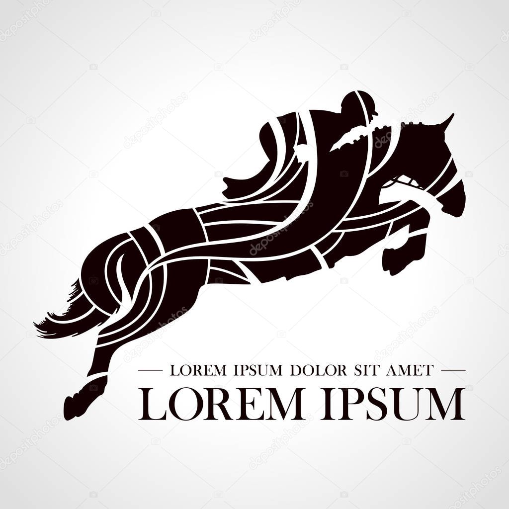 Silhouette of racing horse with jockey. Logo. Design icons. Equestrian sport. Jockey riding jumping horse. Poster. Sport. Vector Illustration