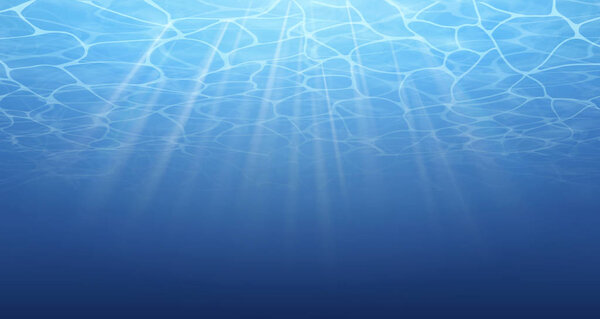 Summer. Texture of water surface. Underwater background. Waves effects. Blue underworld. Ocean, sea. Diving. Blue sea pool water. Bottom view. Vector illustration nature background.