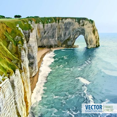 Normandy, Northern France, Europe. Spectacular natural cliffs Aval of Etretat and beautiful coastline. Stone arch. Landscape. Vector illustration clipart